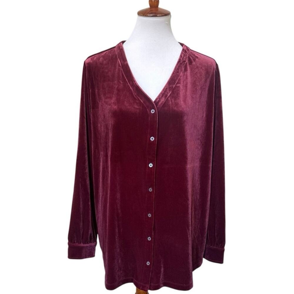 Lands’ End Maroon Velvet Blouse Long Sleeve Button Down Collared Size 2X